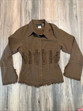 Women's Brown Embroidered Button-Up Jacket